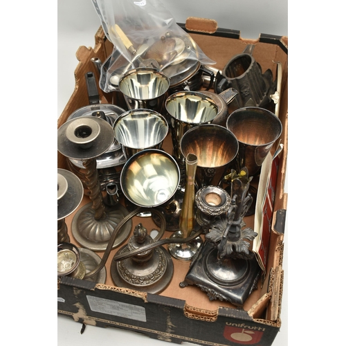 143 - A SELECTION OF SILVER PLATE AND WHITE METAL WARE, to include five silver plated cups and five silver... 