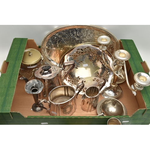 144 - A BOX OF MAINLY SILVER PLATED WARE, to include a pair of chambersticks, a dressing table set, a cand... 