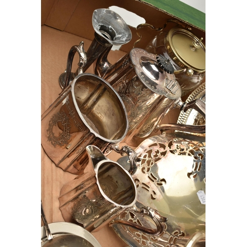 144 - A BOX OF MAINLY SILVER PLATED WARE, to include a pair of chambersticks, a dressing table set, a cand... 