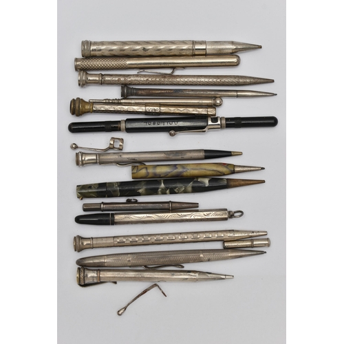 97 - A BAG OF ASSORTED SILVER AND WHITE METAL PENCILS, to include two silver pencils, both with hallmarks... 