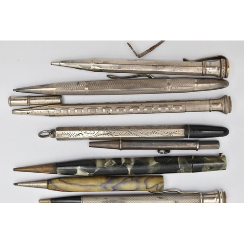 97 - A BAG OF ASSORTED SILVER AND WHITE METAL PENCILS, to include two silver pencils, both with hallmarks... 