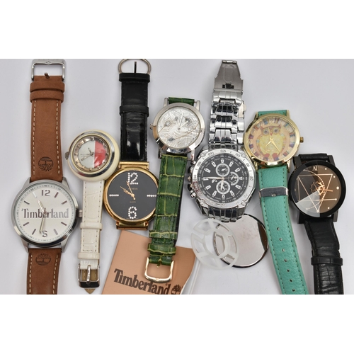99 - A BOX OF ASSORTED WRISTWATCHES, seven wrist watches, names to include Timberland, Orlando, Timex and... 