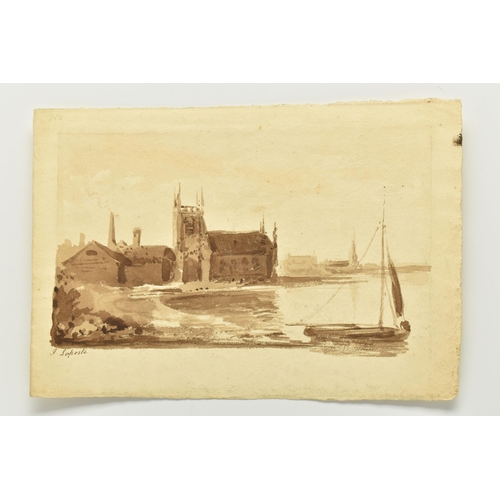 318 - JOHN LAPORTE ( 1761-1839) A  LOOSE SKETCH DEPICTING A DINGHY WITH CHURCH BEYOND, signed bottom left,... 