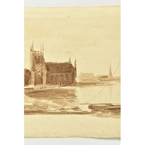 318 - JOHN LAPORTE ( 1761-1839) A  LOOSE SKETCH DEPICTING A DINGHY WITH CHURCH BEYOND, signed bottom left,... 