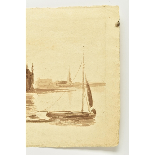 318 - JOHN LAPORTE ( 1761-1839) A  LOOSE SKETCH DEPICTING A DINGHY WITH CHURCH BEYOND, signed bottom left,... 