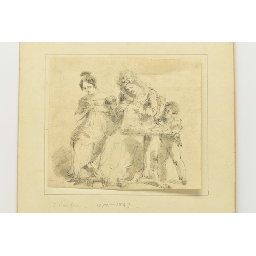 325 - CIRCLE OF JOHN HARDEN (1772-1847) A SKETCH OF A FAMILY GROUP, a small boy stands beside two female f... 