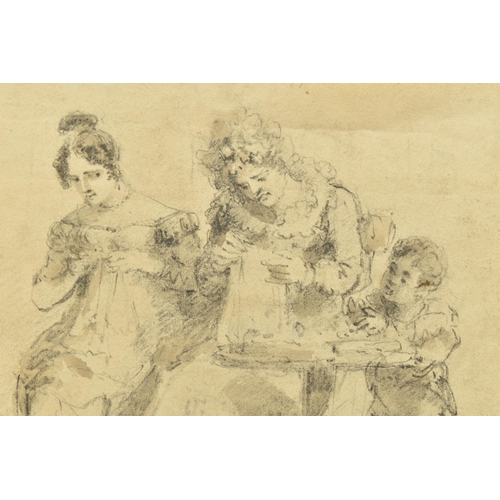 325 - CIRCLE OF JOHN HARDEN (1772-1847) A SKETCH OF A FAMILY GROUP, a small boy stands beside two female f... 