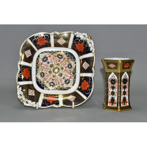 345 - TWO PIECES OF ROYAL CROWN DERBY IMARI 1128 PATTERN, comprising a small hexagonal vase, height 11.5cm... 