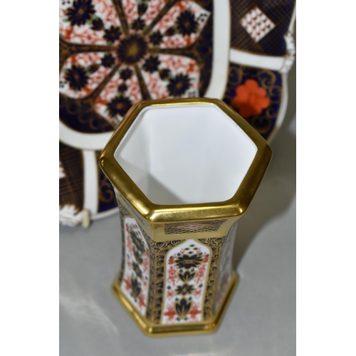 345 - TWO PIECES OF ROYAL CROWN DERBY IMARI 1128 PATTERN, comprising a small hexagonal vase, height 11.5cm... 