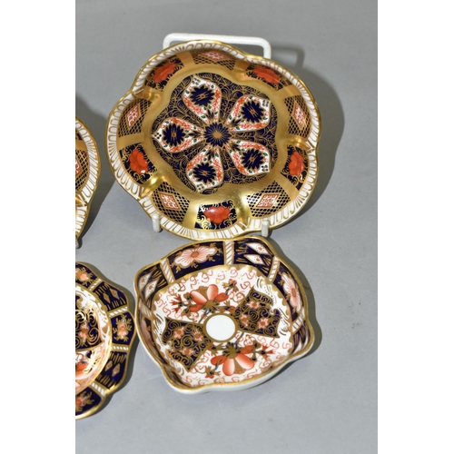 348 - FOUR ROYAL CROWN DERBY TRINKET DISHES, comprising two Imari pattern 1128 frilled edged trinket dishe... 