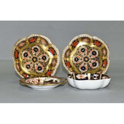 348 - FOUR ROYAL CROWN DERBY TRINKET DISHES, comprising two Imari pattern 1128 frilled edged trinket dishe... 