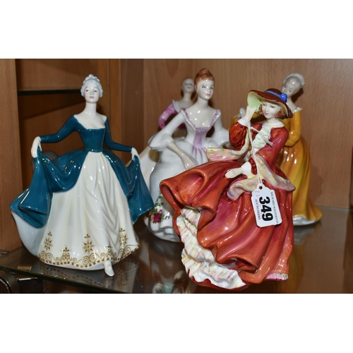 349 - FIVE ROYAL DOULTON FIGURINES, comprising Top O' the Hill HN1834 (hat possibly repainted?), Country R... 