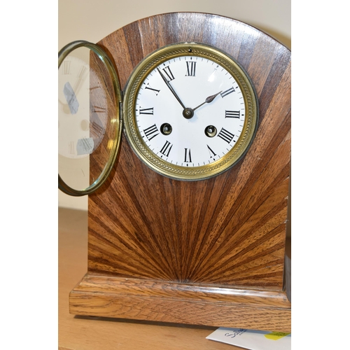 353 - TWO MANTEL CLOCKS, comprising a satinwood inlay balloon shaped mahogany veneer clock, French make Wa... 