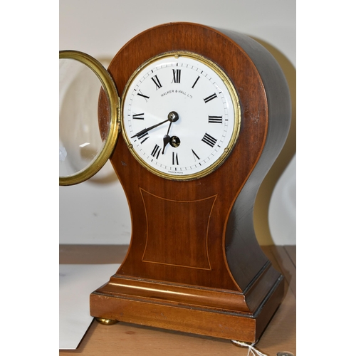 353 - TWO MANTEL CLOCKS, comprising a satinwood inlay balloon shaped mahogany veneer clock, French make Wa... 