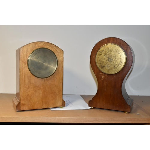 353 - TWO MANTEL CLOCKS, comprising a satinwood inlay balloon shaped mahogany veneer clock, French make Wa... 