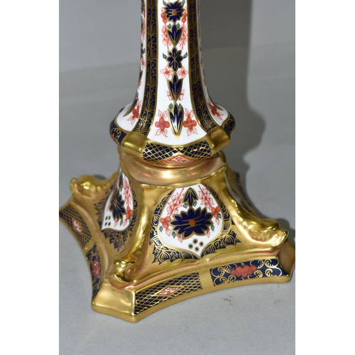 354 - A ROYAL CROWN DERBY OLD IMARI 1128 SOLID GOLD BAND  CANDLESTICK, heavily gilded with dolphin detail ... 