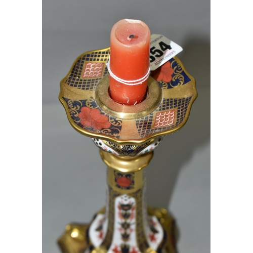 354 - A ROYAL CROWN DERBY OLD IMARI 1128 SOLID GOLD BAND  CANDLESTICK, heavily gilded with dolphin detail ... 