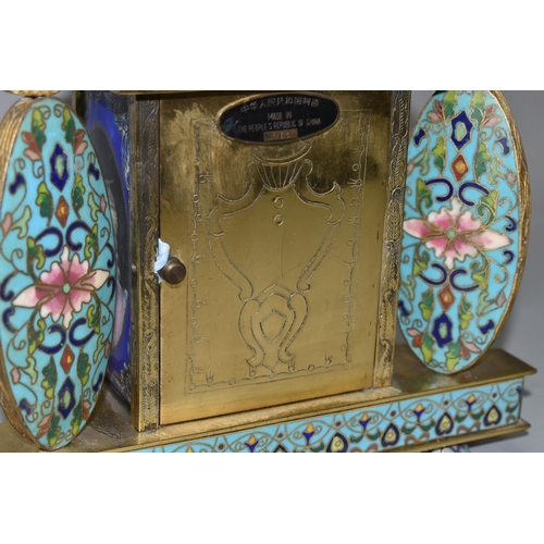 382 - A MID 20TH CENTURY CHINESE CLOISONNE MANTEL CLOCK, the rectangular case with scrolled surmount, dome... 