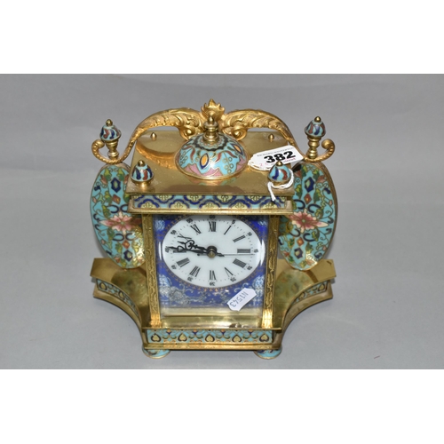 382 - A MID 20TH CENTURY CHINESE CLOISONNE MANTEL CLOCK, the rectangular case with scrolled surmount, dome... 