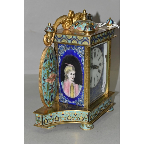 382 - A MID 20TH CENTURY CHINESE CLOISONNE MANTEL CLOCK, the rectangular case with scrolled surmount, dome... 