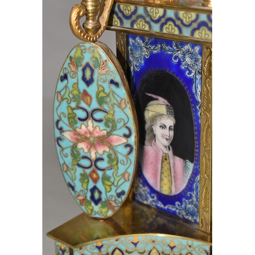 382 - A MID 20TH CENTURY CHINESE CLOISONNE MANTEL CLOCK, the rectangular case with scrolled surmount, dome... 