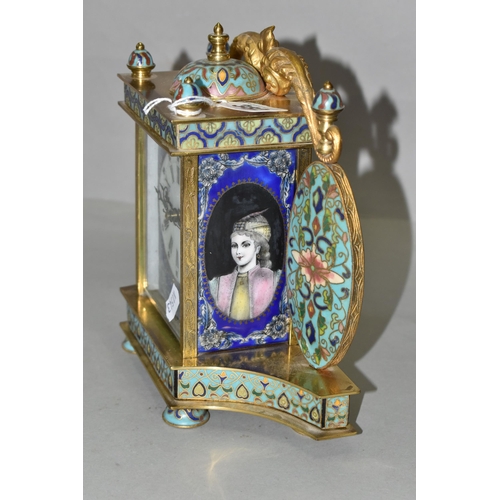 382 - A MID 20TH CENTURY CHINESE CLOISONNE MANTEL CLOCK, the rectangular case with scrolled surmount, dome... 