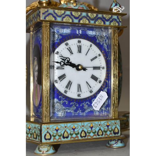 382 - A MID 20TH CENTURY CHINESE CLOISONNE MANTEL CLOCK, the rectangular case with scrolled surmount, dome... 