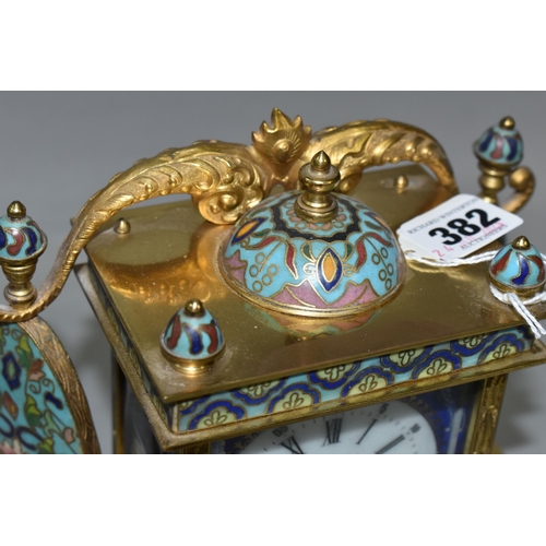 382 - A MID 20TH CENTURY CHINESE CLOISONNE MANTEL CLOCK, the rectangular case with scrolled surmount, dome... 