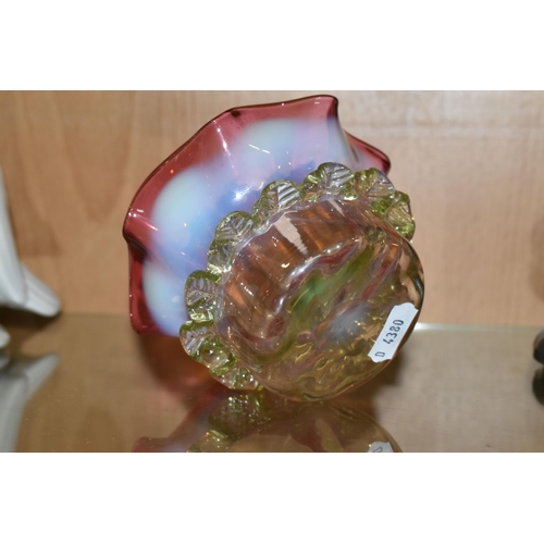 388 - TWO PIECES OF CRANBERRY GLASS, to include a cylindrical vase etched with leaves, signed '(Jonathan?)... 