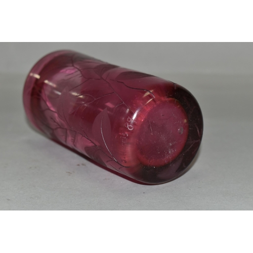 388 - TWO PIECES OF CRANBERRY GLASS, to include a cylindrical vase etched with leaves, signed '(Jonathan?)... 