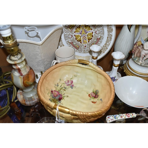 390 - A GROUP OF CERAMICS AND MISCELLANEOUS ITEMS, to include a Royal Worcester blush ivory twin handled b... 