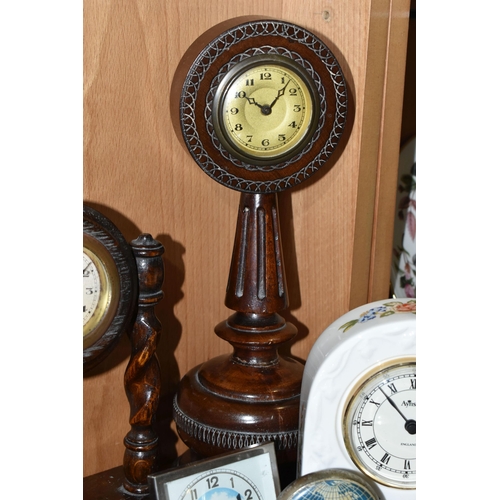 391 - A COLLECTION OF SMALL CLOCKS, to include a miniature glass cased carriage clock with visible movemen... 