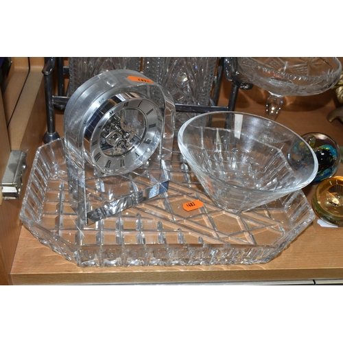 392 - A GROUP OF GLASSWARE, to include a Dartington Crystal mantel clock, height 14.5cm, a Jasper Conran f... 