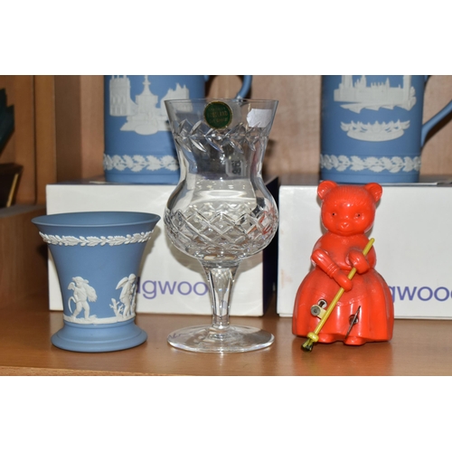 398 - A COLLECTION OF WEDGWOOD JASPERWARES, SILVER, GLASS AND CLOCKWORK TOYS, comprising boxed Wedgwood Ja... 