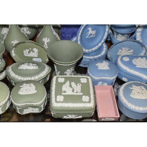 401 - A QUANTITY OF WEDGWOOD JASPERWARES, approximately fifty five pieces, mainly in sage green and pale b... 