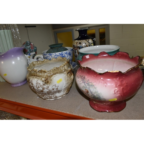 405 - A GROUP OF CERAMIC PLANTERS AND VASES, comprising a large Oriental Satsuma style vase (chipped and r... 