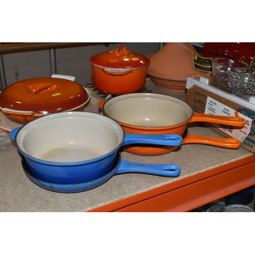 411 - ONE BOX OF GLASSWARE AND ASSORTED LE CREUSET OVENWARE, comprising two Le Creuset signature 2 in 1 pa... 