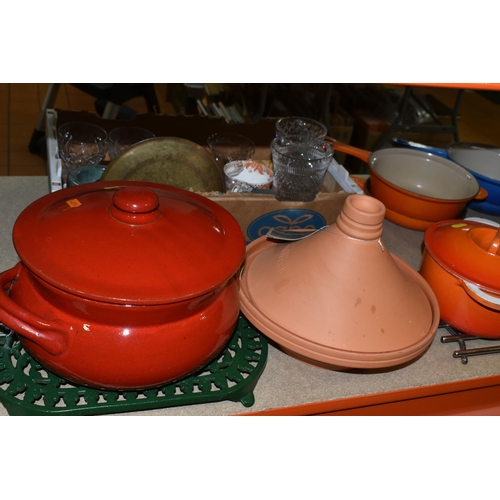 411 - ONE BOX OF GLASSWARE AND ASSORTED LE CREUSET OVENWARE, comprising two Le Creuset signature 2 in 1 pa... 