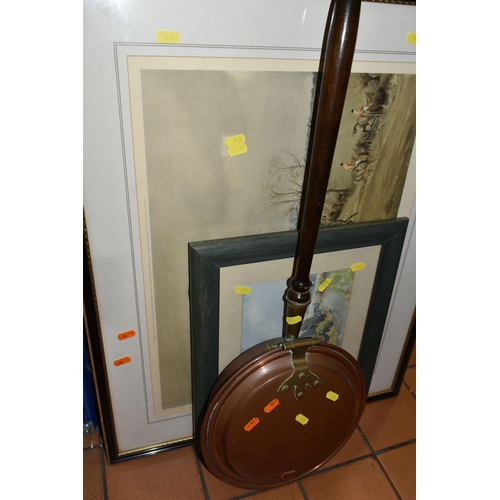 413 - ONE BOX OF METALWARE, comprising a large copper kettle, a copper bed warmer, a framed watercolour of... 