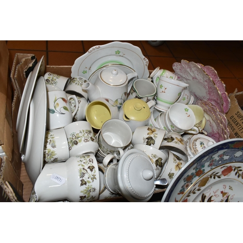 414 - TWO  BOXES AND LOOSE TEAWARES AND COLLECTOR'S PLATES, to include a Royal Stafford tea set, Royal Dou... 