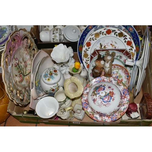 414 - TWO  BOXES AND LOOSE TEAWARES AND COLLECTOR'S PLATES, to include a Royal Stafford tea set, Royal Dou... 