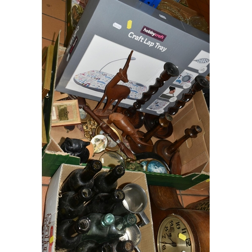 415 - FOUR BOXES OF MISCELLANEOUS SUNDRIES, to include a 1960's Singer sewing machine 700/720 with instruc... 