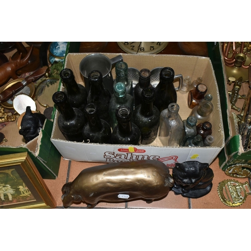 415 - FOUR BOXES OF MISCELLANEOUS SUNDRIES, to include a 1960's Singer sewing machine 700/720 with instruc... 