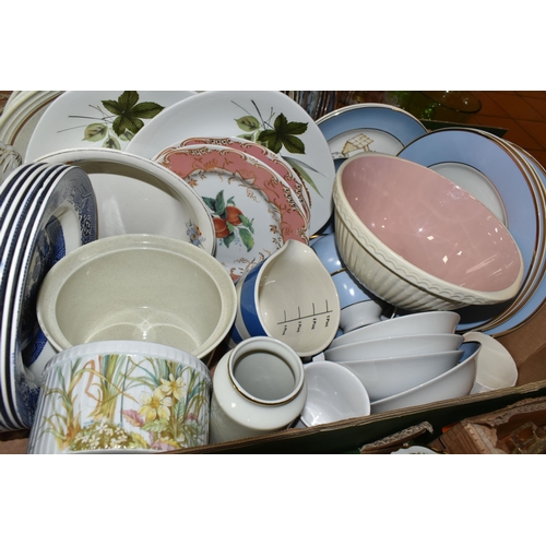 422 - THREE BOXES OF GLASSWARE AND CERAMICS, to include a T.G green Cornish kitchenware measuring jug, a T... 