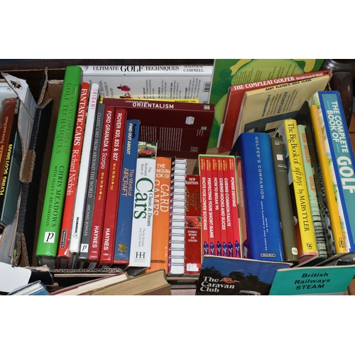 427 - THREE BOXES OF ASSORTED BOOKS, to include over sixty hardback books, topics include golf, steam trai... 