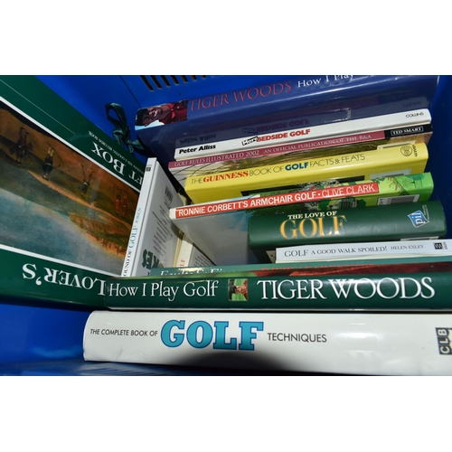 427 - THREE BOXES OF ASSORTED BOOKS, to include over sixty hardback books, topics include golf, steam trai... 