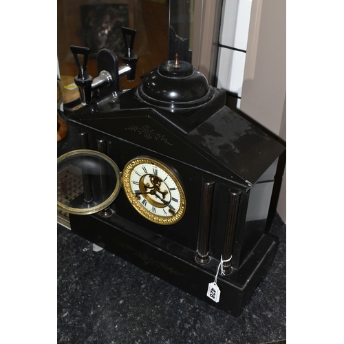 428 - A 19TH CENTURY BLACK SLATE MANTEL CLOCK, architectural form, with four columns to the front, gilt be... 