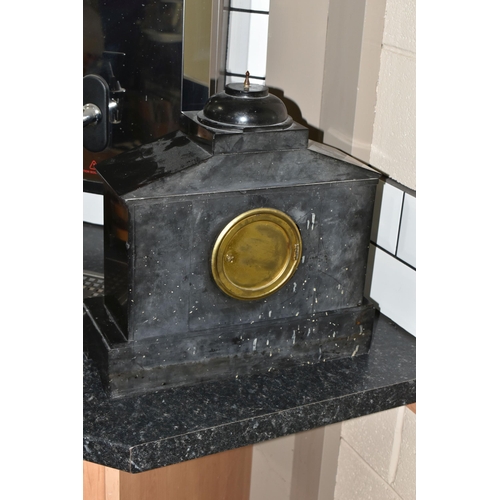 428 - A 19TH CENTURY BLACK SLATE MANTEL CLOCK, architectural form, with four columns to the front, gilt be... 