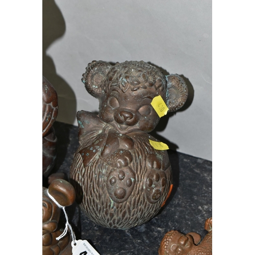 430 - SIX BRONZED METAL FIGURES, to include 'Mickey Mouse' a lamb, clown, laughing duck, together with a p... 