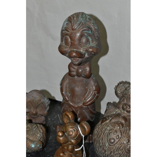 430 - SIX BRONZED METAL FIGURES, to include 'Mickey Mouse' a lamb, clown, laughing duck, together with a p... 